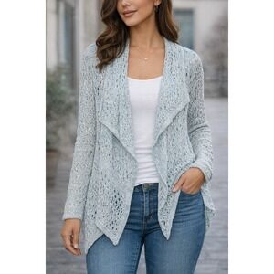 ST. JOHN Open Front Waterfall Cardigan Light Blue Knit Mesh Women's Size M